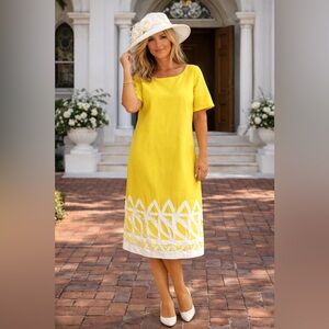 EY Boutique Yellow Linen Shift Dress Cutwork Hem Fully Lined Mod Resort Size 1X